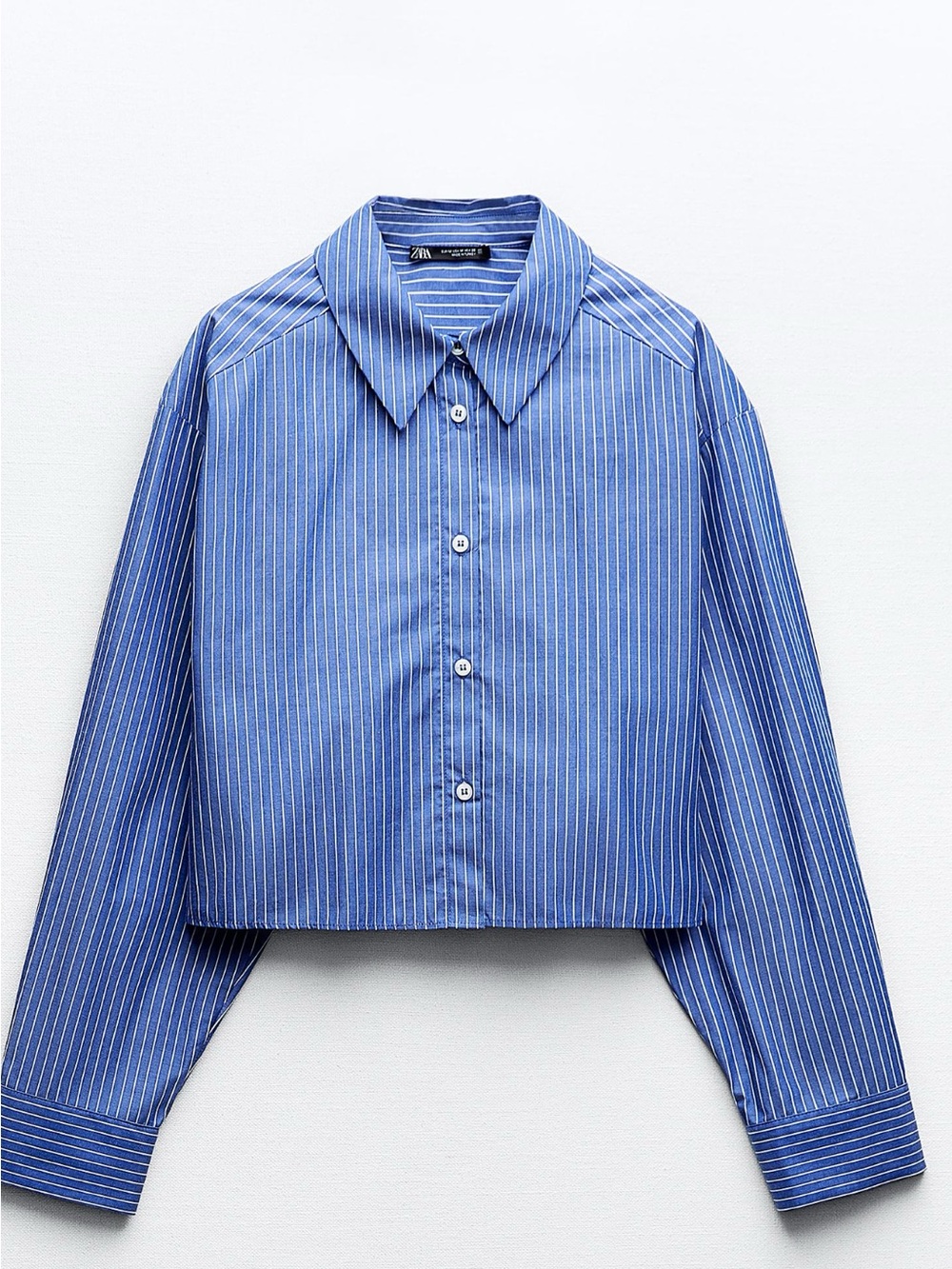 Zara Button Down Shirt, Cotton Poplin, Cropped, Blue & White Stripe, M - Picture 3 of 13